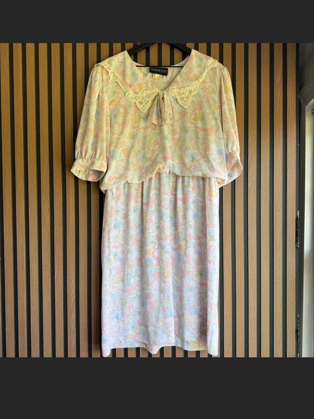 Vintage Plaza South Pastel Floral Lace-Collar Dress with Bow